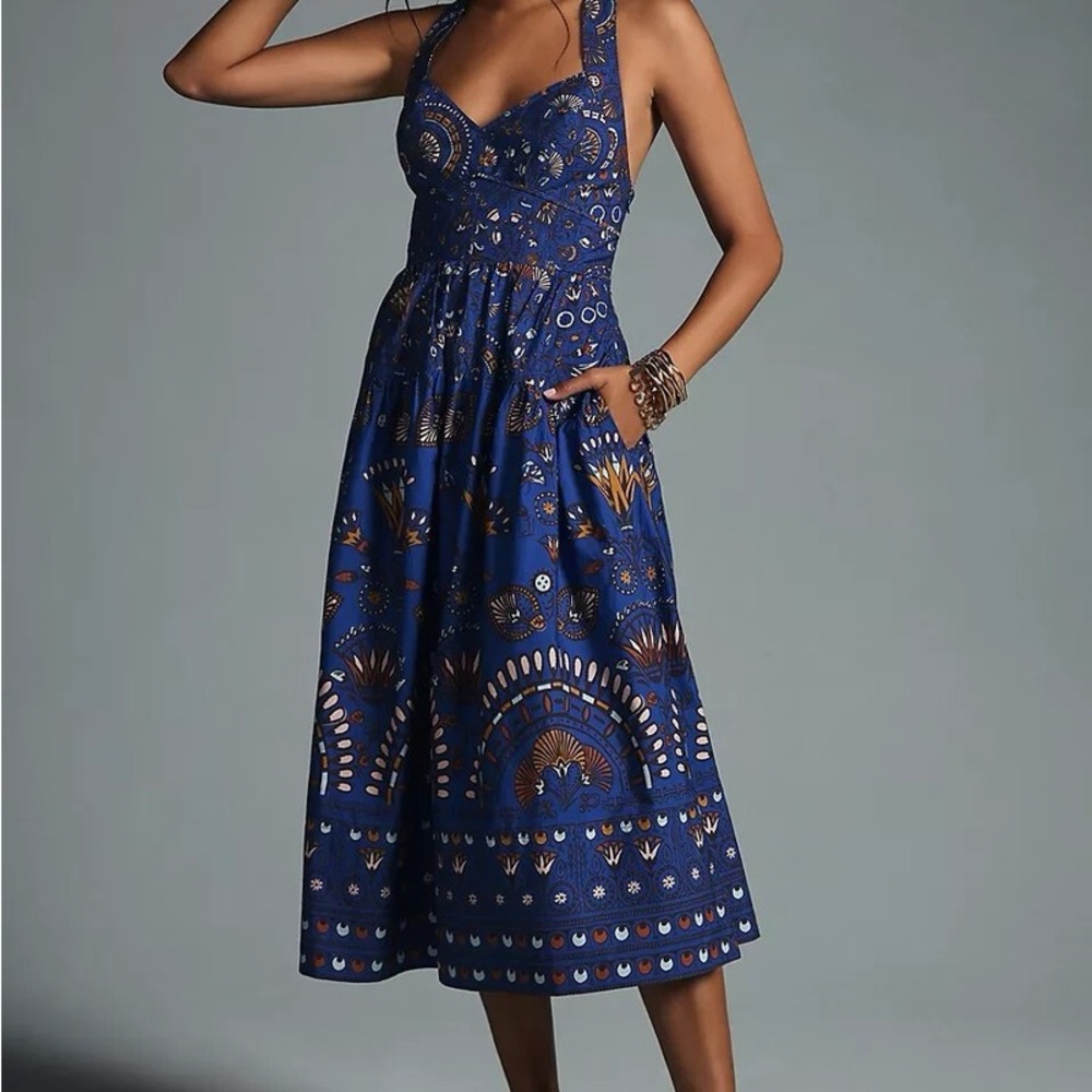 Anthropologie Sweetheart Midi Blue Patterned Dress - Picture 3 of 7